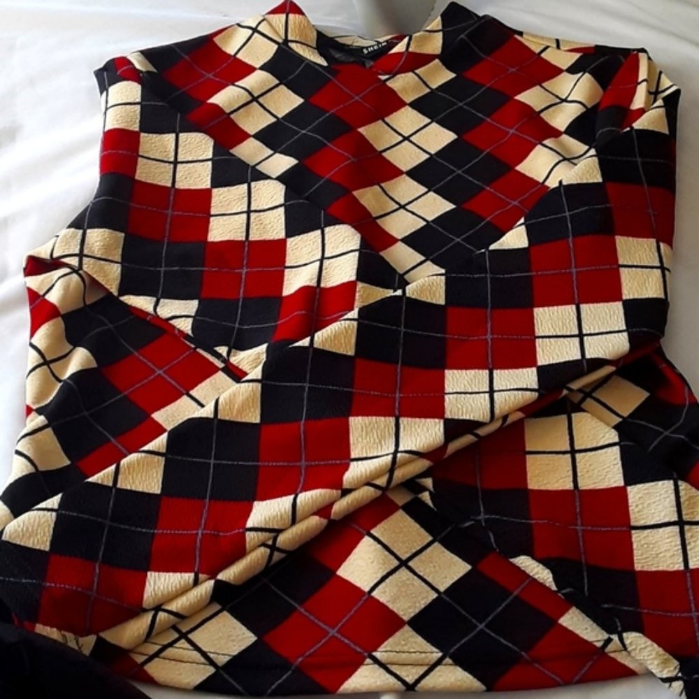 Red, Black, Cream Shein Argyle Mock Neck Blouse